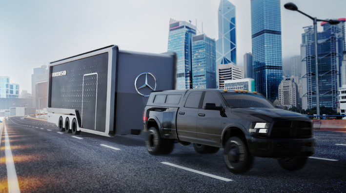 Pickup truck pulling Mercedes Benz Trailer through city